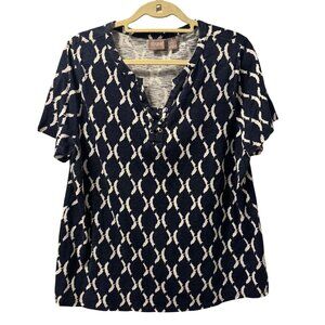 Chicos Navy & White Short Sleeve Geometric Top Lace-Up Neckline Size XL tee